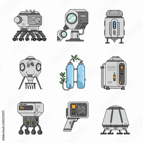 Collection of advanced futuristic space technology, exploration vehicles, and scientific equipment illustrations for space travel and research.