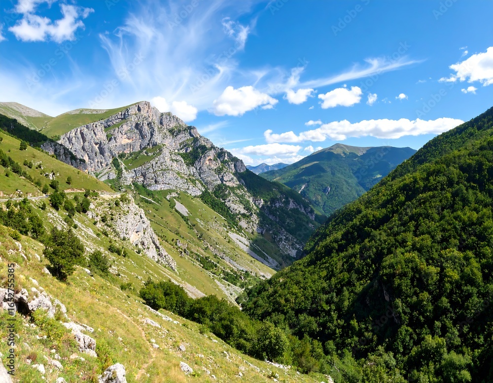 Fototapeta premium Majestic Mountain Range with Lush Green Valleys and a Dramatic Sky Landscape