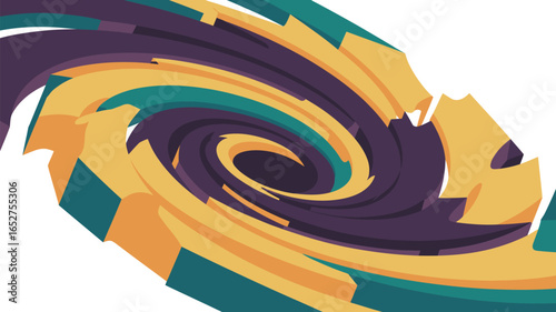 A swirling vortex of purple, yellow, and teal blocks against a white background in a cartoon style