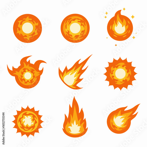 Dynamic set of fire and sun-themed vector icons for game assets, energy concepts, and heat illustrations.
