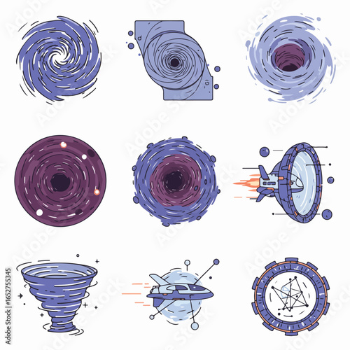 Abstract Space Icons Set: Black Holes, Wormholes, Galaxies, Spaceships, and Portals for Cosmic and Sci-Fi Concepts.
