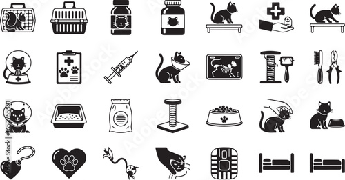 Vector art of collection of veterinary and pet care icons, including medical symbols, animal carriers, scratching posts, and grooming tools, isolated on a white background