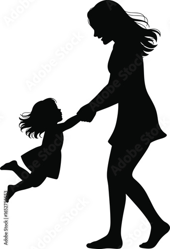 Silhouette of woman swinging child, joyful family bonding, playful mother daughter interaction, happy childhood memories, black and white vector art.
