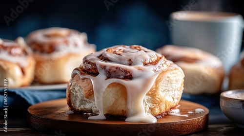 Close-up of cinnamon rolls with glaze on oak board, morning kitchen light, coffee and hot cocoa, golden-brown pastries with dripping icing, cozy breakfast scene, high-resolution food photography