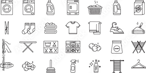 Vector art of collection of laundry and cleaning icons, including washing machine, dryer, iron, detergent, clothes, and cleaning supplies, isolated on white background