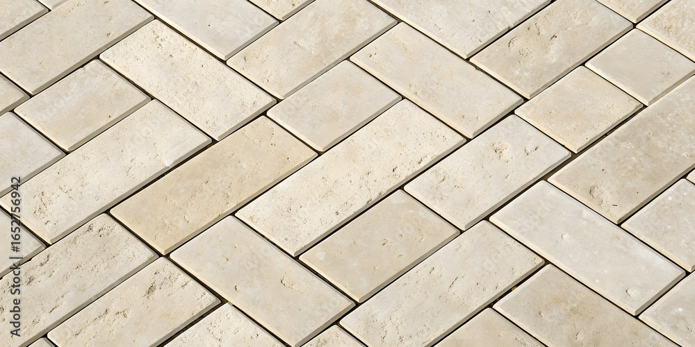 Fototapeta premium Diagonal herringbone brick pattern in warm beige tones with natural stone texture and weathered surface showing age patina