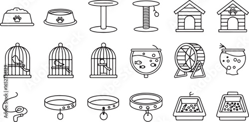 Vector art of collection of pet supplies and accessories, including food bowls, collars, leashes, scratching posts, bird cages, hamster wheels, and carriers, isolated on white background