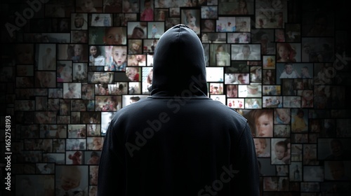 person in hoodie looking at wall of faces