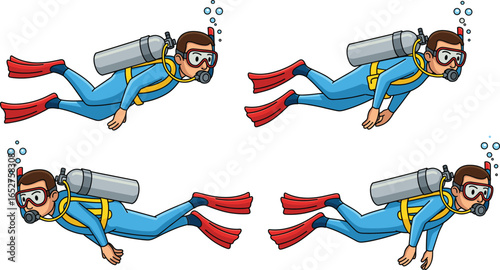Cartoon scuba diver underwater, snorkeling character illustration, deep sea diving man, ocean exploration concept, diving gear equipment, red flippers, adventure, aquatic sports vector