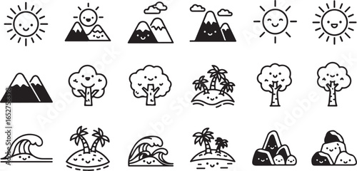 Vector art of collection of cute handdrawn nature icons including smiling suns, mountains, trees, tropical islands with palm trees, and ocean waves, isolated on a white background