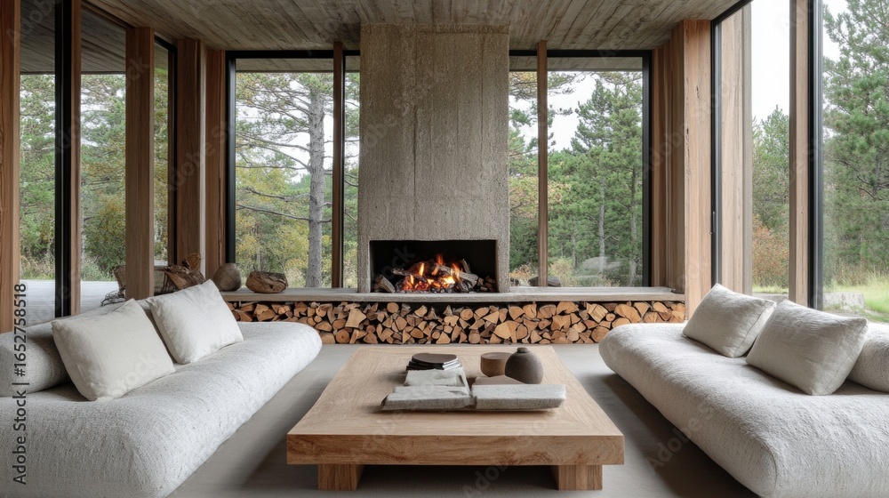 Obraz premium Cozy living room with fireplace and wood decor