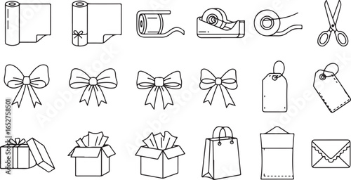 Vector art of collection of gift wrapping and packaging icons including paper rolls, scissors, tape dispenser, bows, gift tags, boxes, shopping bags, and envelopes, isolated on white background
