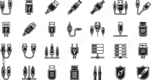 Vector art of collection of usb cable and connector icons, including typea, typeb, miniusb, microusb, and typec variations, isolated on white background