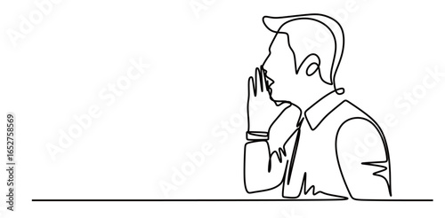 continuous line art of a man whispering something with his hand beside his mouth. the concept of keeping words secret