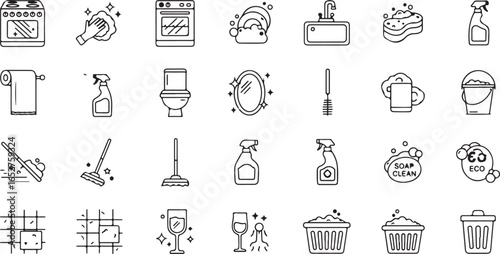 Vector art of a collection of handdrawn icons representing various cleaning supplies and household chores, isolated on a white background