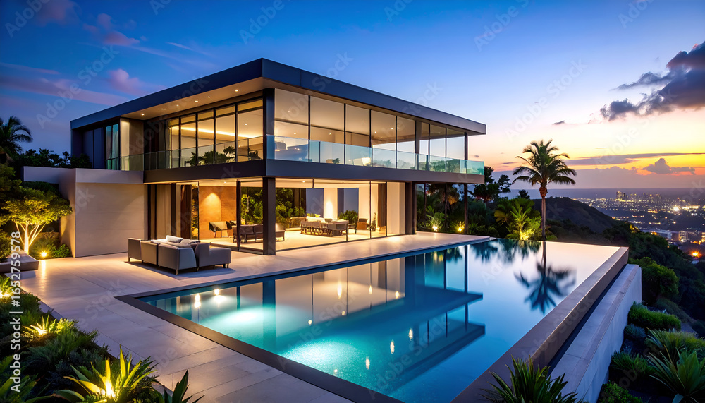 Obraz premium Futuristic Glass Mansion with Infinity Pool & Helipad - Modern Luxury Estate 8K Render