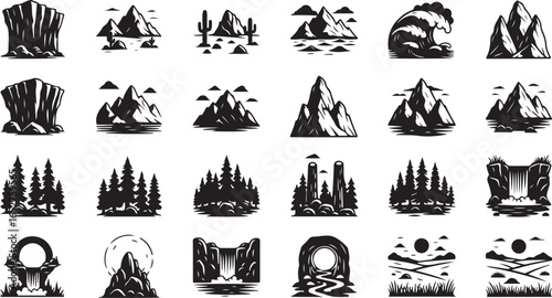 Vector art of collection of diverse mountain and forest landscape icons, featuring peaks, cliffs, trees, waterfalls, and celestial elements, presented in a striking black and white silhouette style