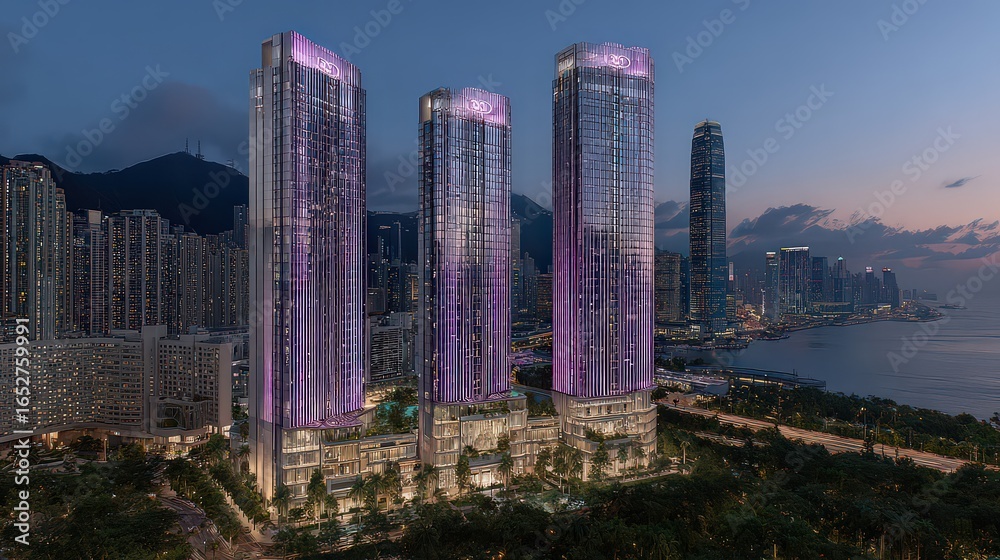 Obraz premium Hong Kong Skyline With Illuminated Skyscrapers At Dusk