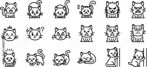 Vector art of collection of cute cat emoticons showing various emotions and expressions, isolated on a white background
