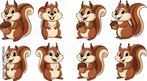 Cute squirrel cartoon, holding acorn, forest rodent character, brown fur, bushy tail, smiling animal, vector clipart, woodland creature, kids illustration, isolated white background