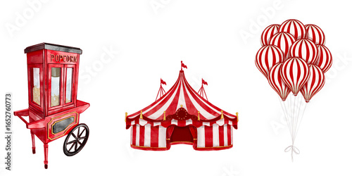 set of Watercolor illustration of a classic vintage circus tent decorated popcorn shop, booth, balloon,  festive bunting, carnival, greeting card hand drawn on transparent background.