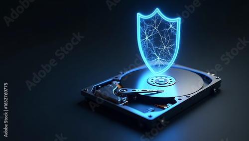 Digital shield protecting data on hard drive illustrating cybersecurity and data security concepts