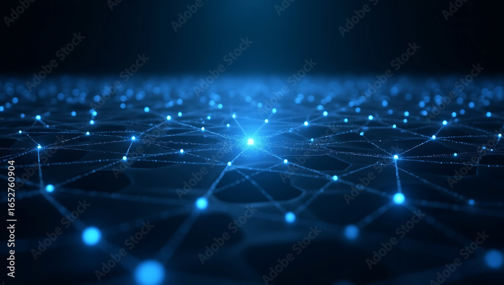Obraz premium Abstract glowing blue digital network grid with interconnected nodes and lines on a dark background
