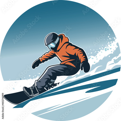 Snowboarding Logo Design with Snowboarder in Action on Snowy Background