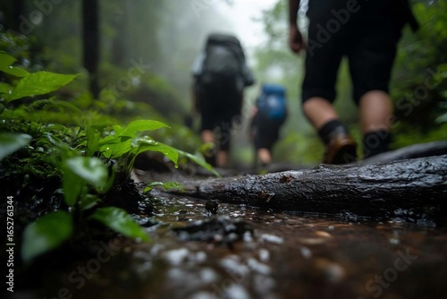 Hikers trekking through lush rainforest, blurred motion in foggy conditions