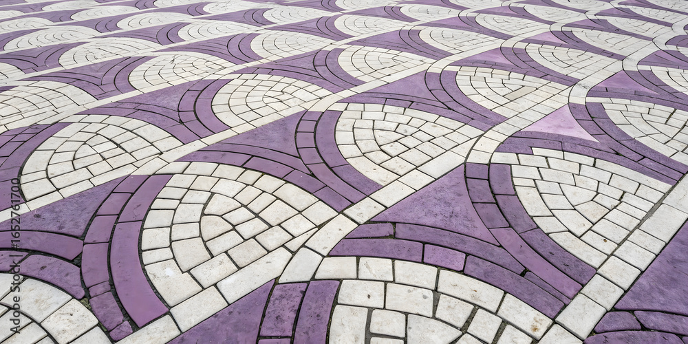 Obraz premium Purple and white decorative pavers forming elegant curved swirl patterns in alternating colors with intricate geometric mosaic design arrangement.