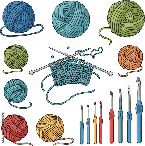 Isolated a Knitting, crochet essentials . yarn balls, knitting needles, crochet hooks. Perfect for crafting, knitting, and crocheting projects. Ideal for textile, embroidery, needlework vector art.
