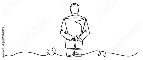 continuous line art of a man clenching and holding his hands behind his waist
