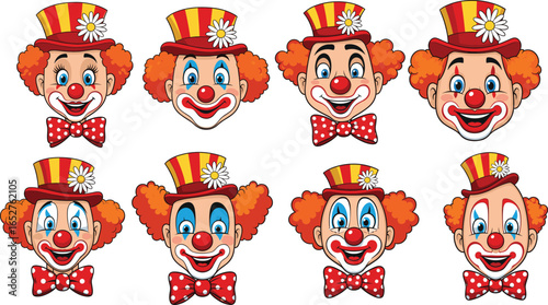 Happy colorful clown faces collection, funny circus clowns with red noses, polka dot bow ties, striped hats with daisies, joyful clown expressions, smiling cartoon characters