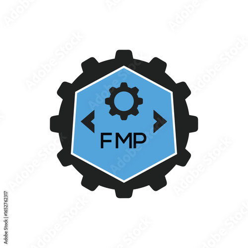 FMP Industrial Gear Logo Design – Engineering, Mechanical, and Construction Branding Icon. FMP Letter Logo.
