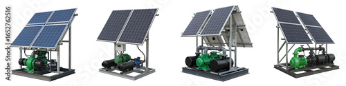 Solar powered water pump system with large solar panels and green pump motor for sustainable energy use and efficient water management