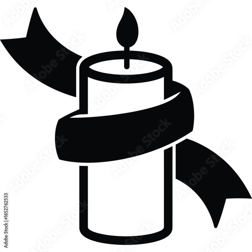 A candle with a flame wrapped in a ribbon creating a somber and reflective monochrome illustration silhouette