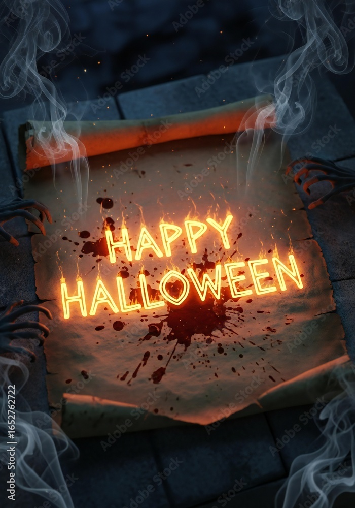 Obraz premium Eerie Halloween parchment scroll with glowing text amidst smoky atmosphere and blood splatters