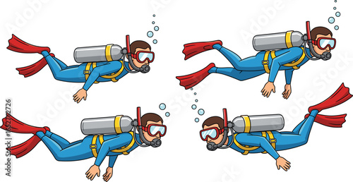 Scuba diving cartoon, underwater diver illustration, ocean exploration scene, red flippers gear, man swimming in wetsuit, snorkeling vector design, scuba adventure activity clipart