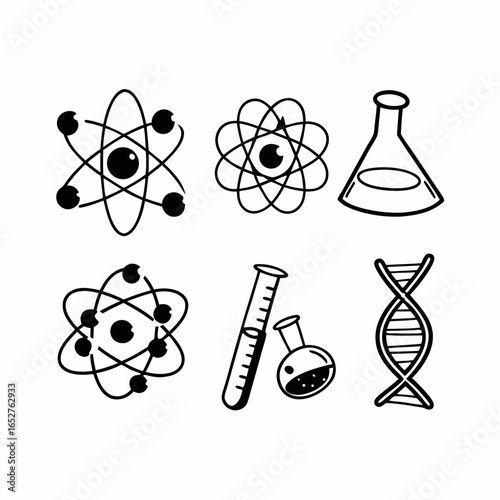 Science and chemistry icons set with laboratory glassware, atom models, and scientific equipment isolated on white background for educational purposes