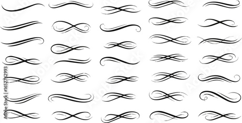Isolated a kinds of Elegant text tails swoosh calligraphy swirls for logo design, decoration. Varied thickness, curvature. Simple to complex shapes. Typography, graphic design elements vector art .