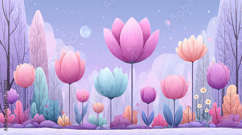 A vibrant illustration of a spring garden adorned with pastel blossoms, perfect for nature-themed projects.