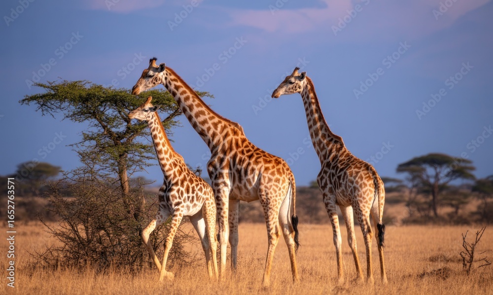 Obraz premium Three giraffes in a savanna landscape at sunrise