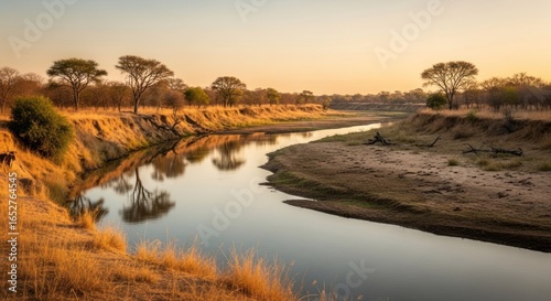 Tranquil river bend at dawn.  Golden light bathes savanna