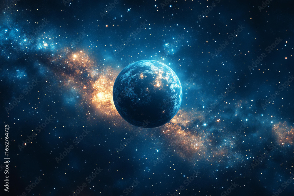 Obraz premium Blue planet surrounded by stars and nebulae floating peacefully in deep interstellar space with glowing stellar clouds