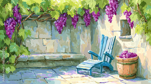 A sunlit garden featuring vines on a trellis, showcasing lush greenery and a serene atmosphere.