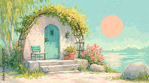 A serene garden scene featuring lush vines on a trellis bathed in sunlight. Perfect for nature lovers.