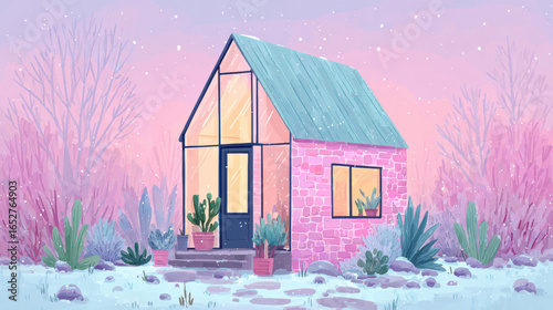 A serene greenhouse in a garden illuminated by soft lighting, ideal for tranquil settings.