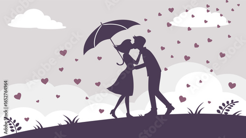: Couple kissing under umbrella silhouette with hearts raining down 