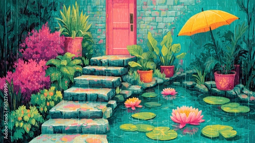 A lush garden scene featuring rain and puddles, illustrated in a flat style.