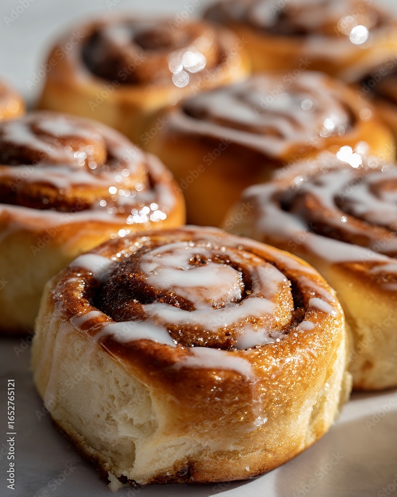 Fototapeta premium close up of glazed cinnamon rolls